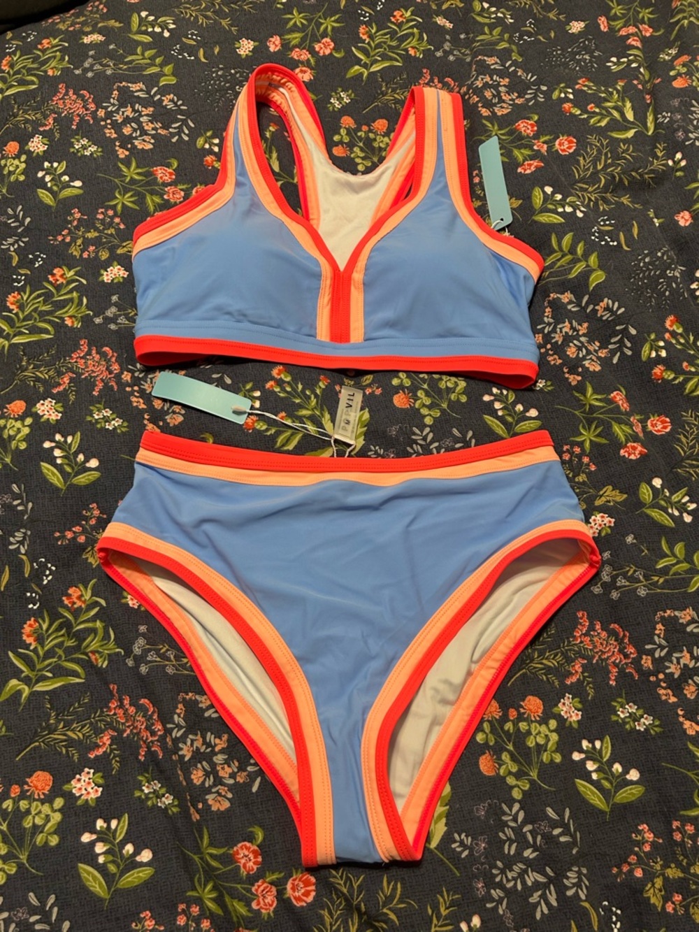 Blue High-Waist Two-Piece Swim Set with Coral Trim